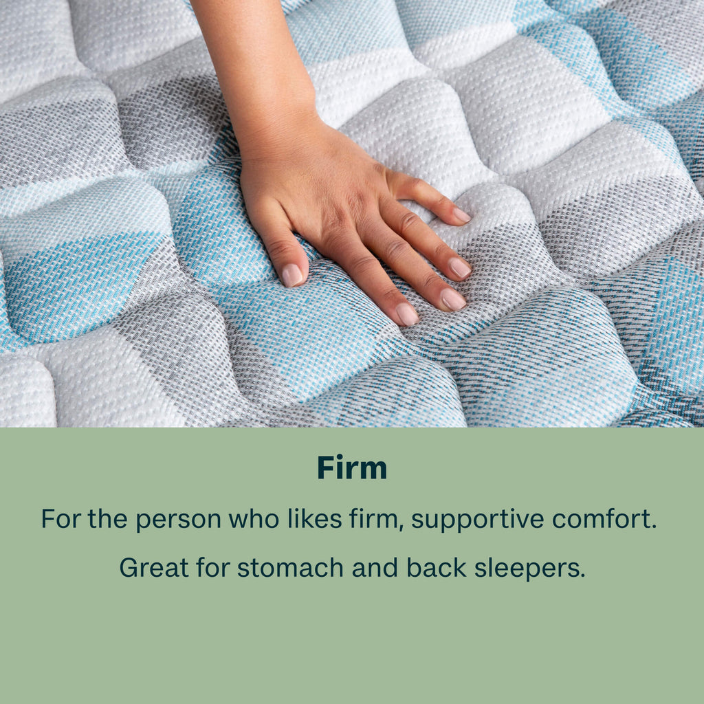 Hand on a textured Beautysleep by Beautyrest mattress with a green label describing firmness for sleepers.