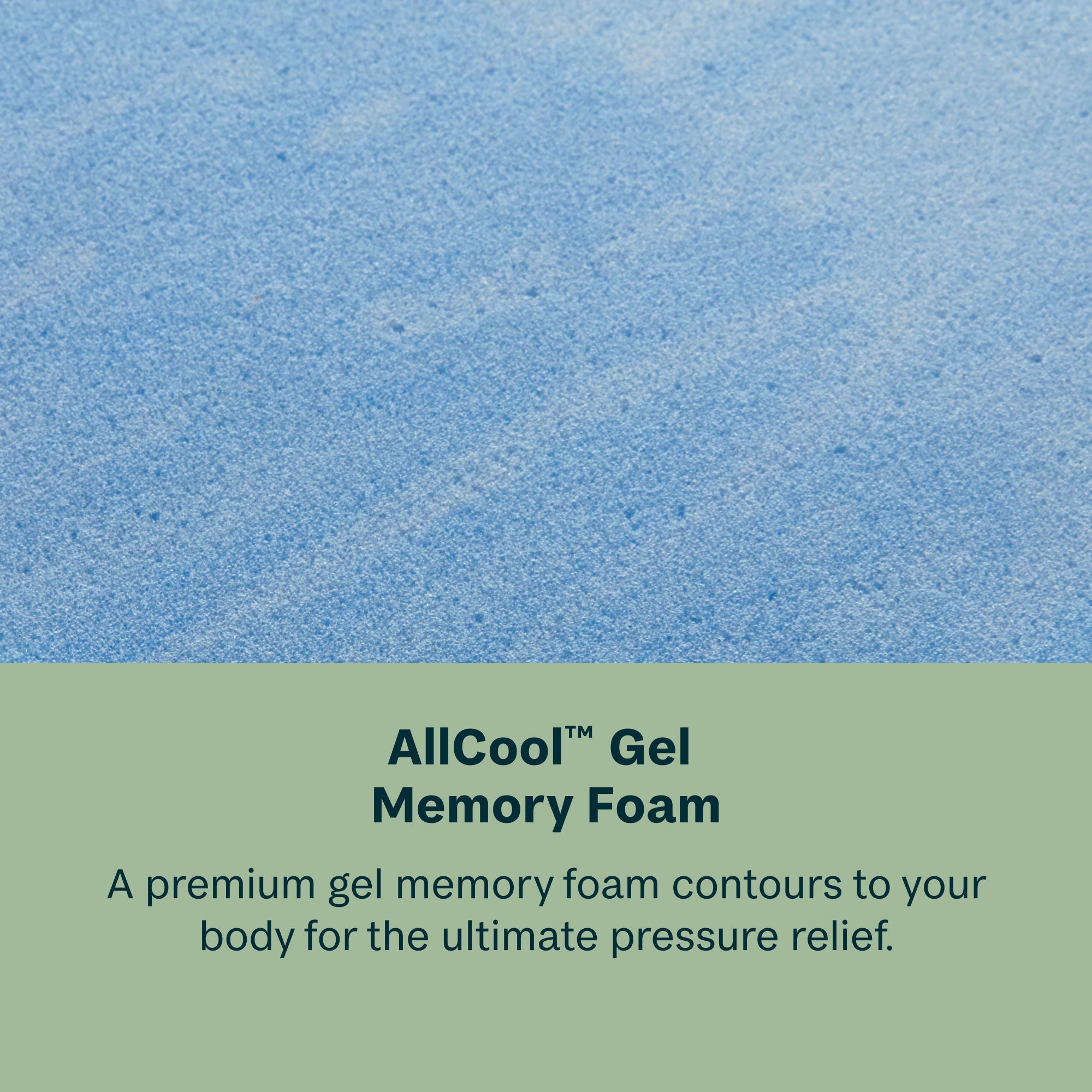 Blue gel memory foam with text about AllCool Gel Memory Foam on a green background