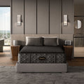 BeautyRest Plush Hybrid mattress sitting in a beige bed frame || series: Series Three || feel: Plush
