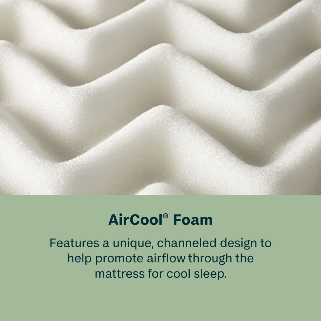 Close-up of Beautysleep AirCool foam with text describing its design for cooling sleep.