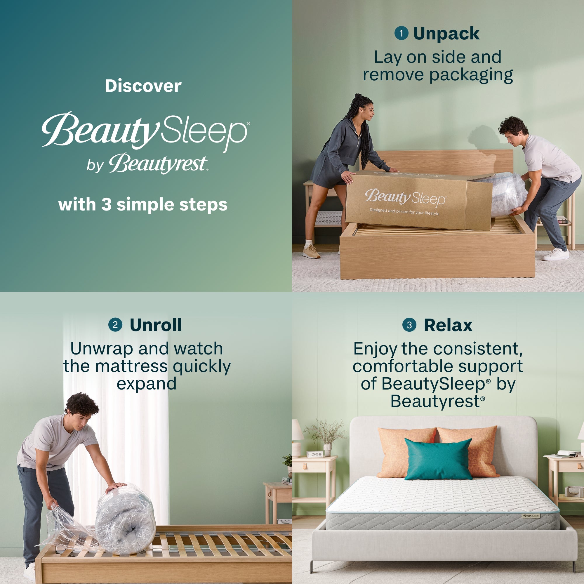 Step-by-step guide to setting up a BeautySleep mattress with packaging removal, unrolling, and relaxing.