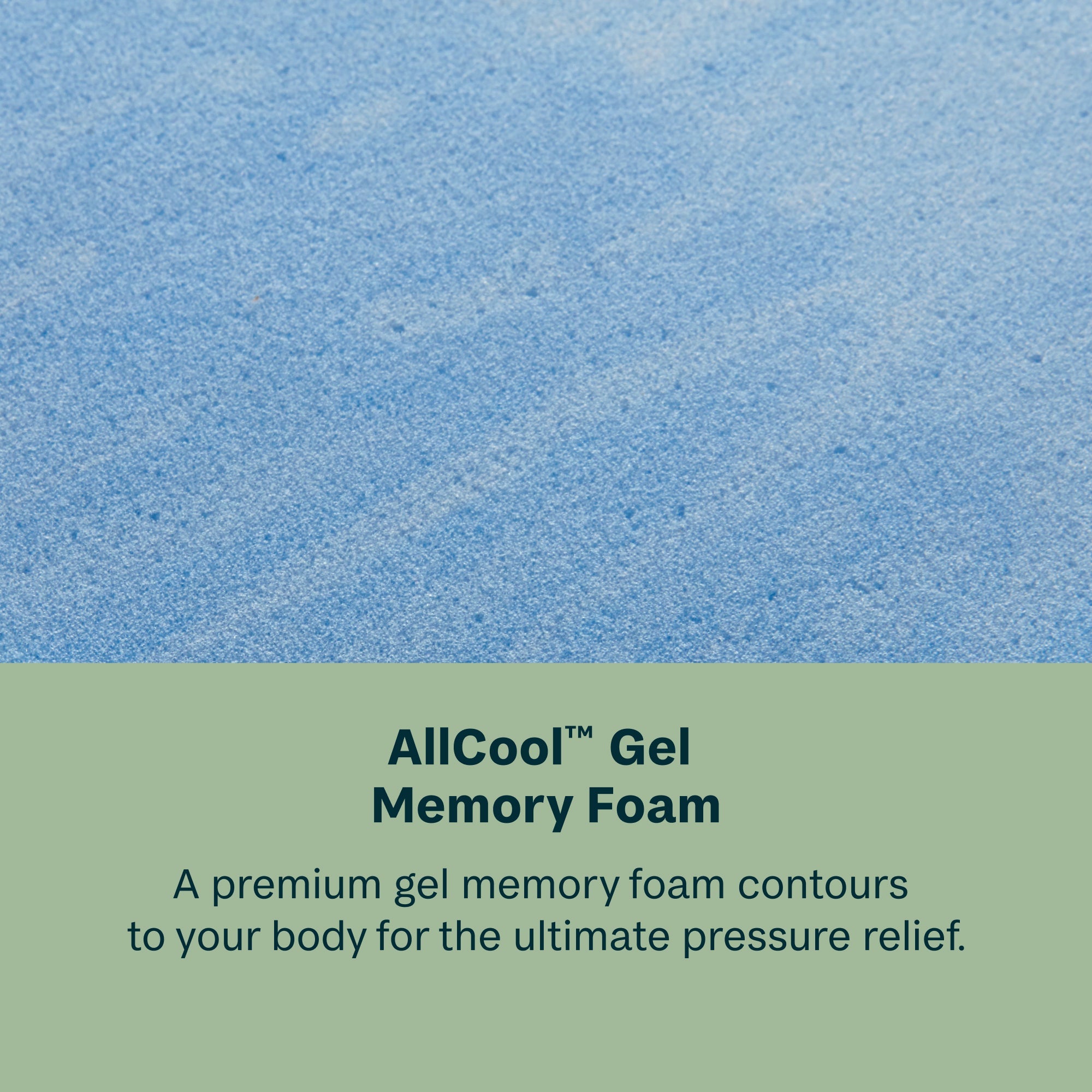 Blue gel memory foam with text about Beautysleep AllCool Gel Memory Foam on a green background