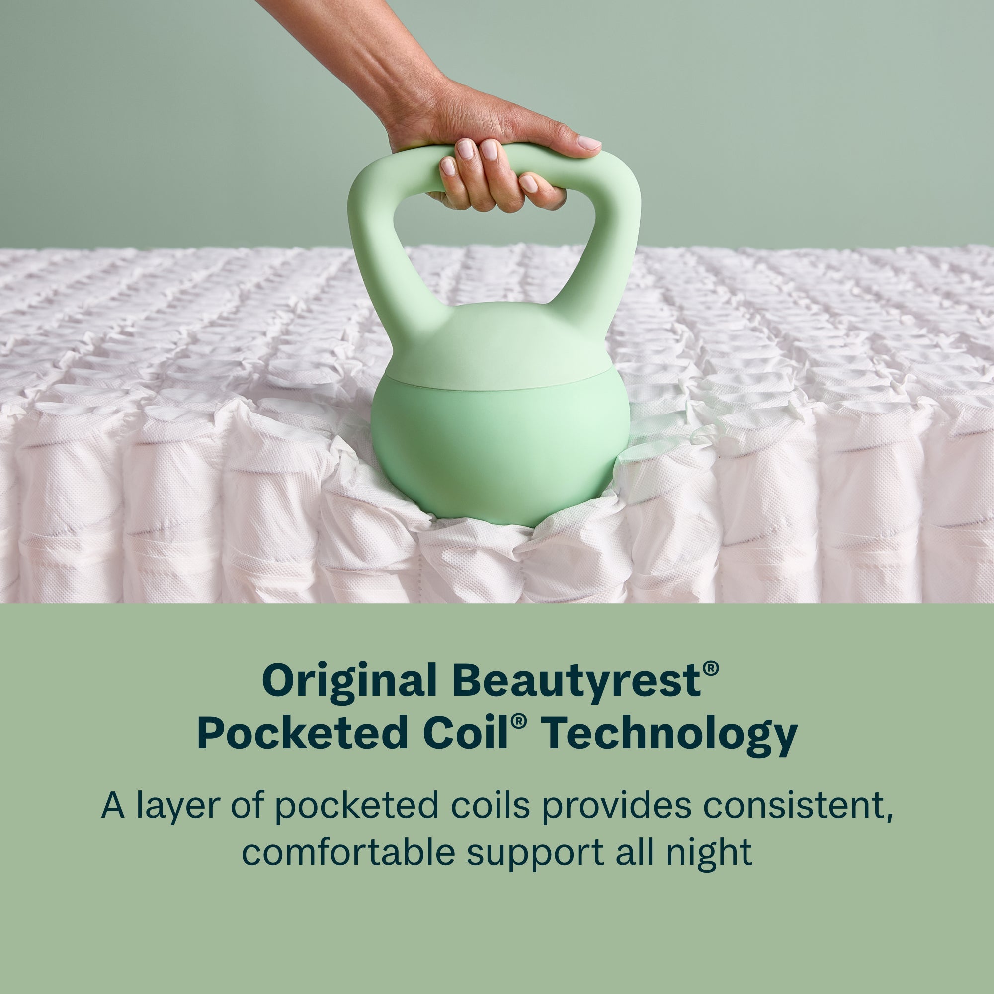 Person holding a green kettlebell on a mattress with text about Beautyrest Pocketed Coil Technology.
