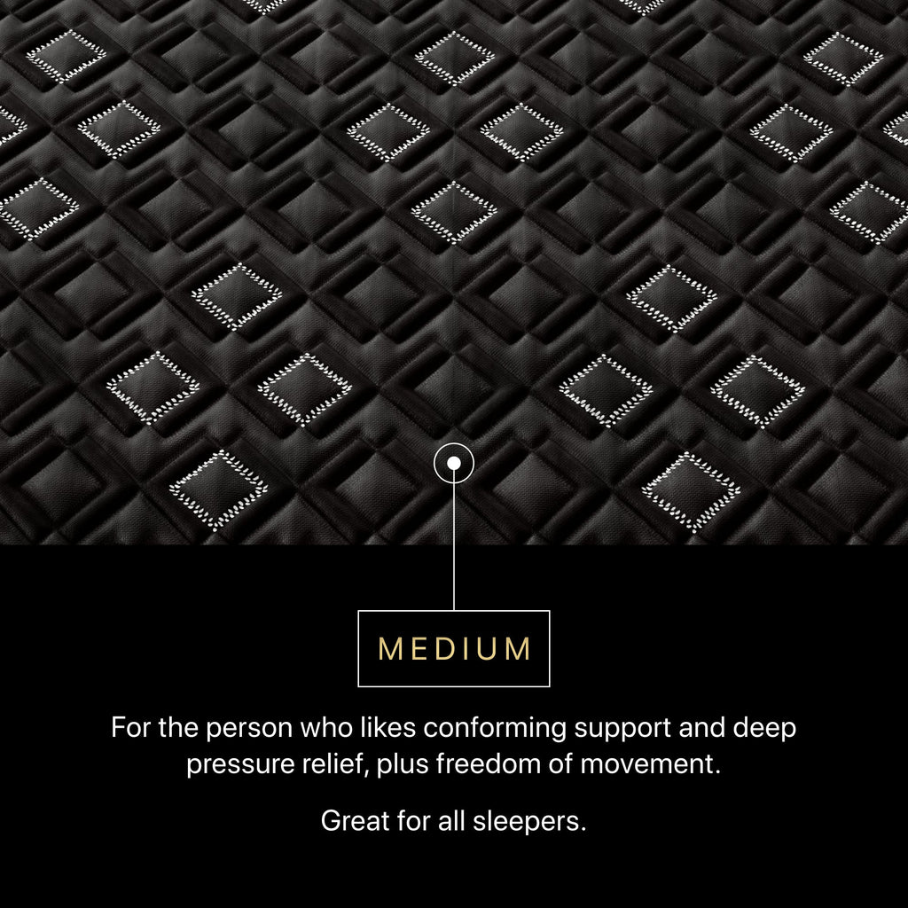 Text on a black textured background describing medium support and deep pressure relief.