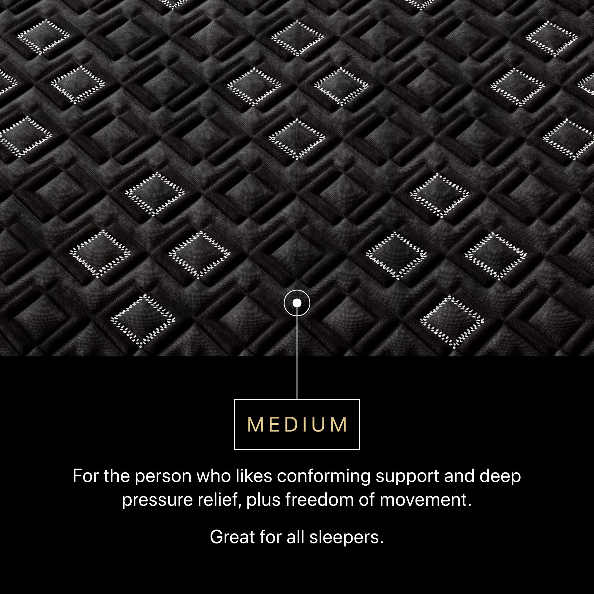 Text on a black textured background describing medium support and deep pressure relief.